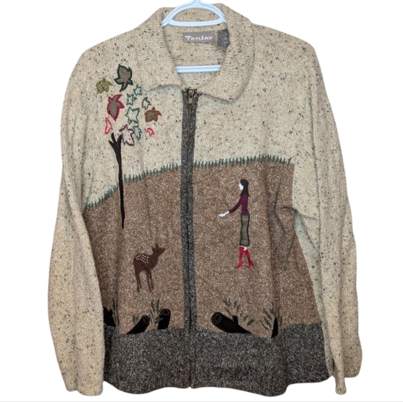 Tan Jay Sweaters - Tan Jay Brown & Oatmeal Knit Embroidered Zip Up Collared Sweater Women Large